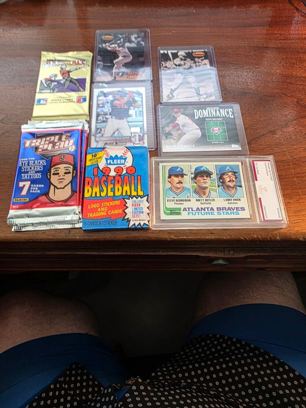 4PCS BASEBALL CARDS, 1-SLABBED, 1-1991 PACK, 1-1990 SEALED, 3-SEALED TRIPLE PLAY